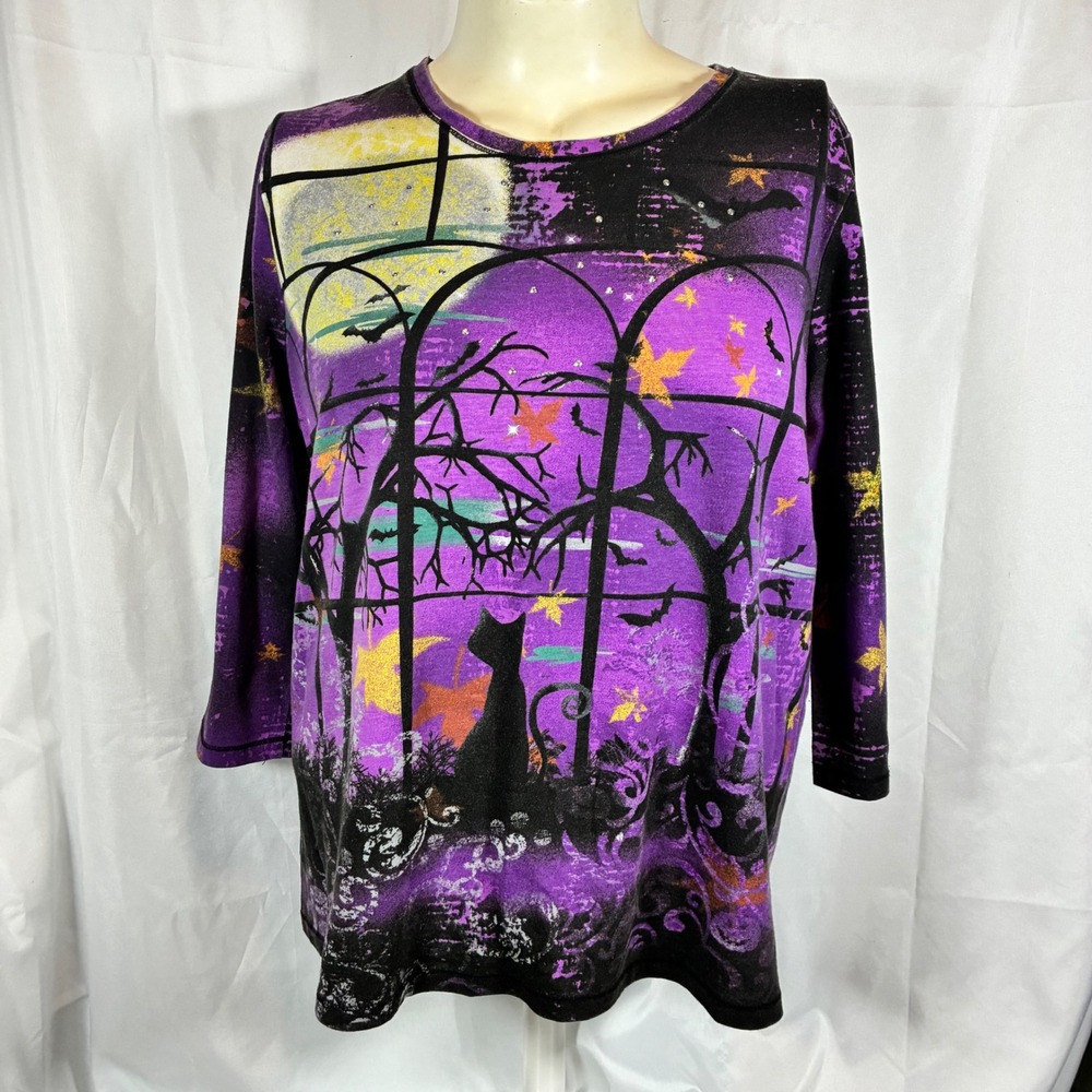 i.b.diffusion Halloween Black Cat Moon Purple Graphic XL 3/4 Sleeve Rhinestone